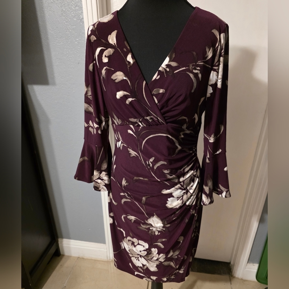 Ralph Lauren Plum Floral Wrap Dress with Cream Accents